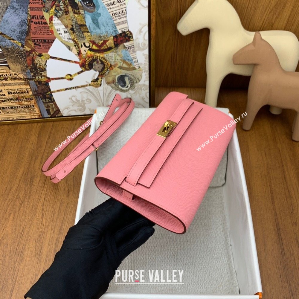 Hermes Kelly To Go Wallet Bag in Original Epsom Leather 1Q Milk Shake Pink/Gold 2024(Full Handmade) (XYA-24100802)