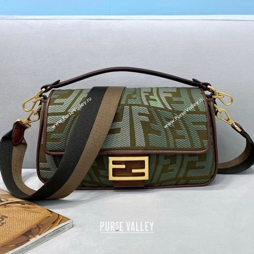 Fendi Baguette Medium Bag in FF Fish-Eye Embroidered Canvas Green 2021 8381 (CL-21073116)