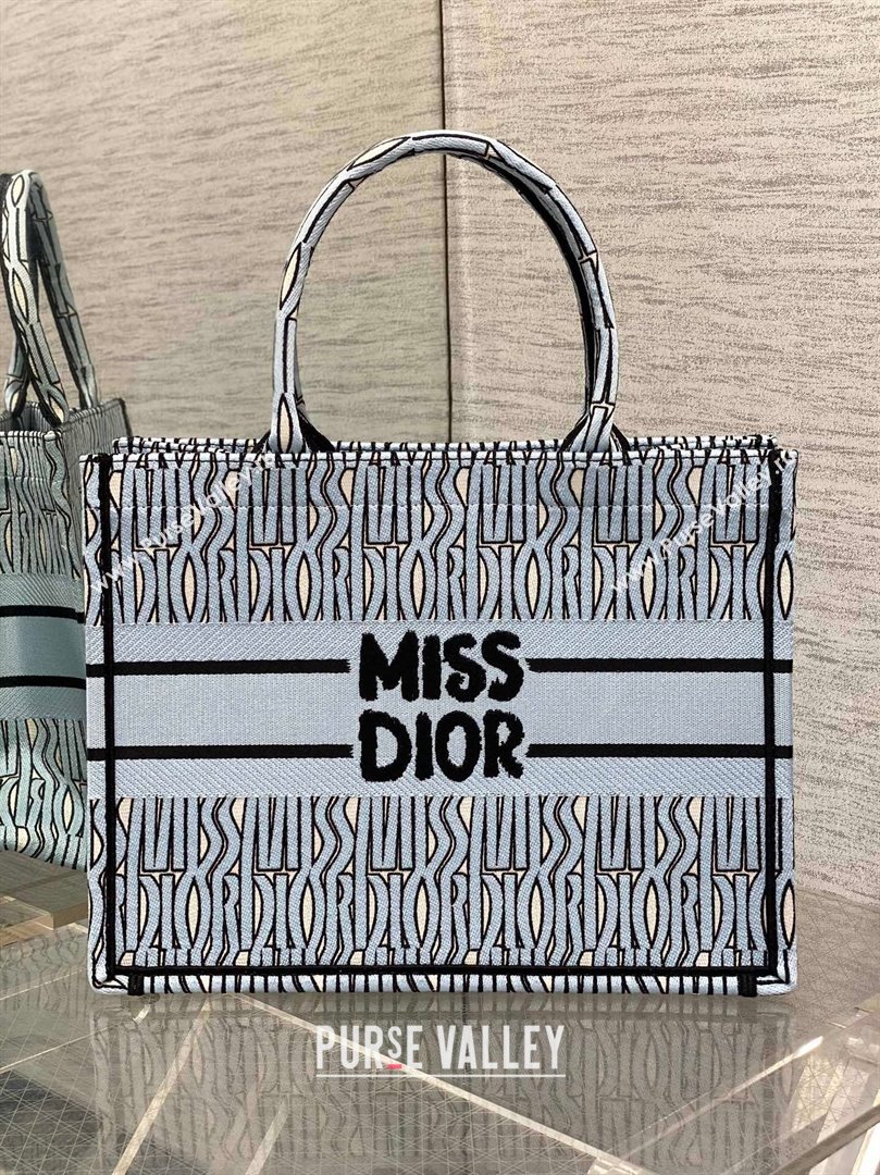 Dior Medium Book Tote Bag in Pale Blue and Black Miss Dior Allover Embroidery 2024 (XXG-24081322)