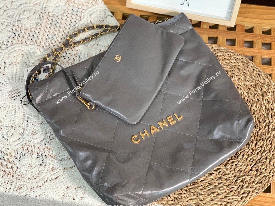 Chanel 22 Small Bag in Shiny Calfskin AS3260 SM02 Grey/Gold 2024 (SM-24062419)