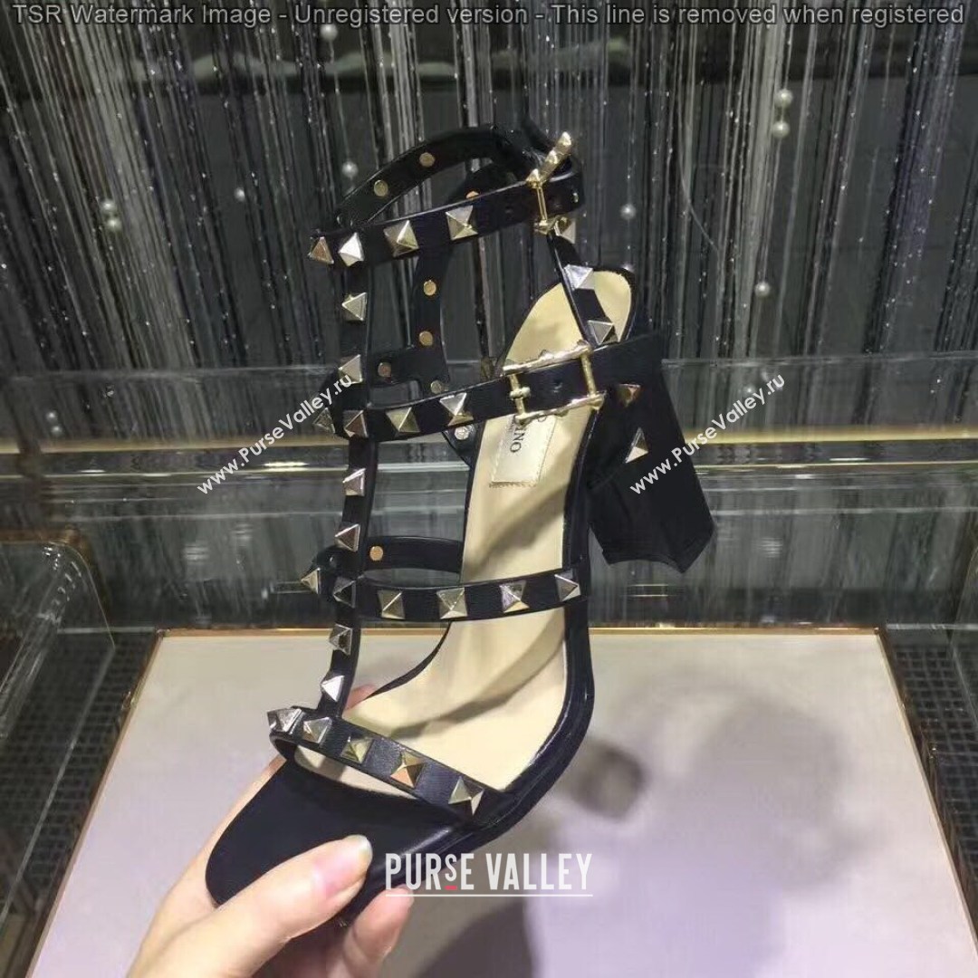 Valentino Rockstud Calfskin Ankle Strap Sandals 9.5cm Black/Aged Silver 2021 08 (XL-21082057)