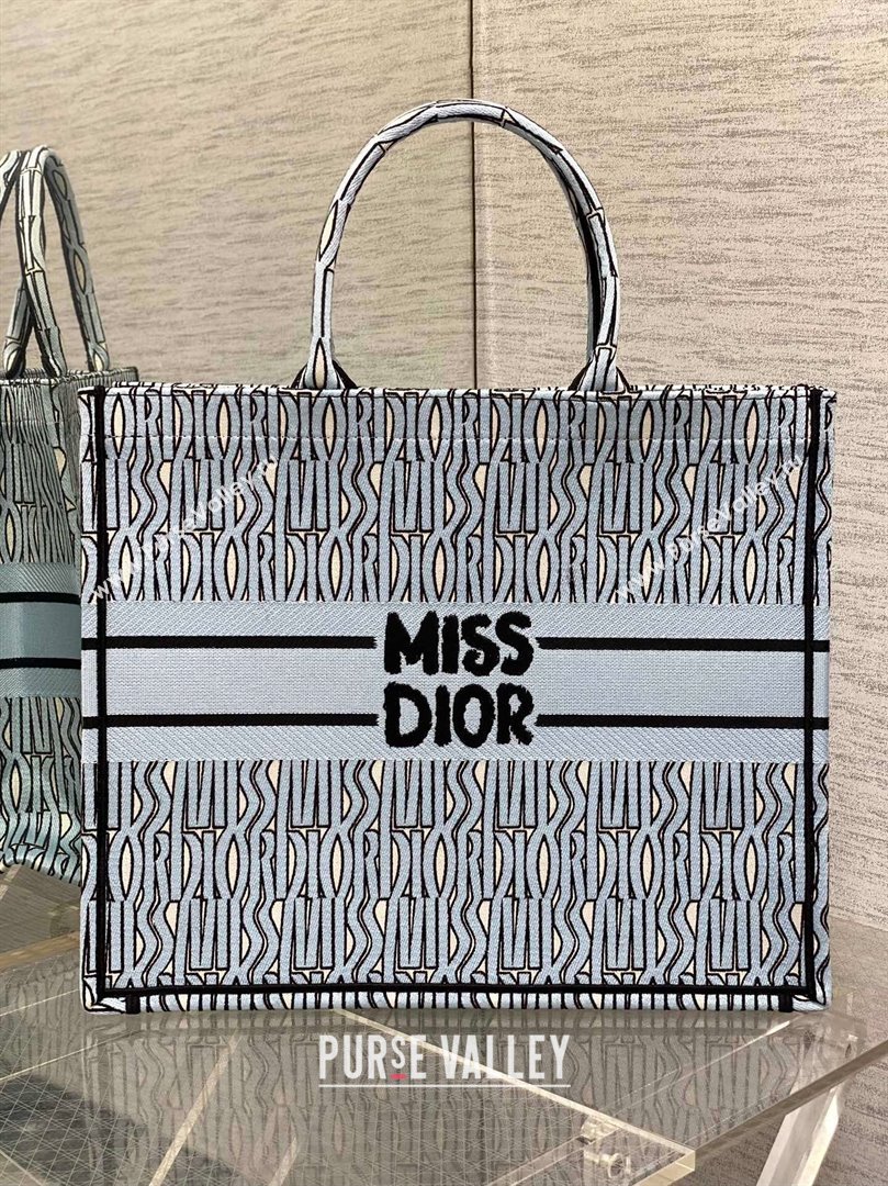 Dior Large Book Tote Bag in Pale Blue and Black Miss Dior Allover Embroidery 2024 (XXG-24081323)