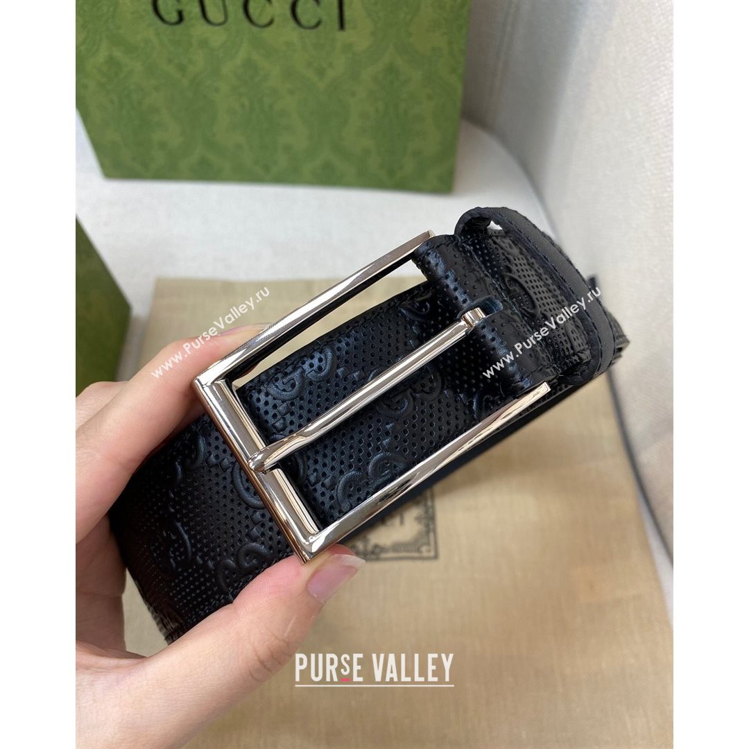 Gucci Mens GG leather Belt 40mm with Sqaure Buckle Black/Silver 2021 (99-21082327)