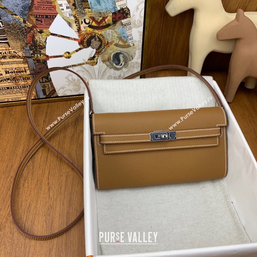 Hermes Kelly To Go Wallet Bag in Original Epsom Leather Brown/Silver 2024(Full Handmade) (XYA-24100807)