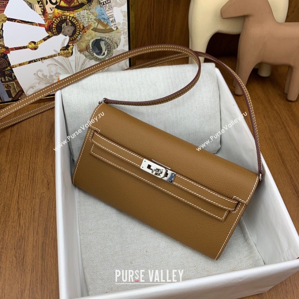 Hermes Kelly To Go Wallet Bag in Original Epsom Leather Brown/Silver 2024(Full Handmade) (XYA-24100807)