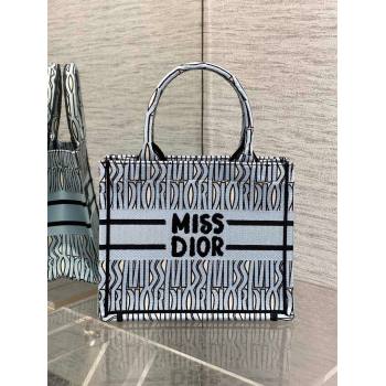 Dior Small Book Tote Bag in Pale Blue and Black Miss Dior Allover Embroidery 2024 (XXG-24081321)