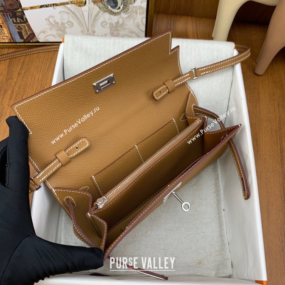 Hermes Kelly To Go Wallet Bag in Original Epsom Leather Brown/Silver 2024(Full Handmade) (XYA-24100807)