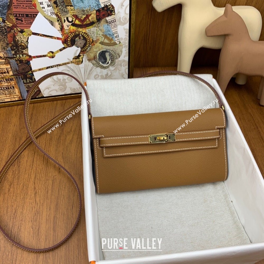 Hermes Kelly To Go Wallet Bag in Original Epsom Leather Brown/Gold 2024(Full Handmade) (XYA-24100808)