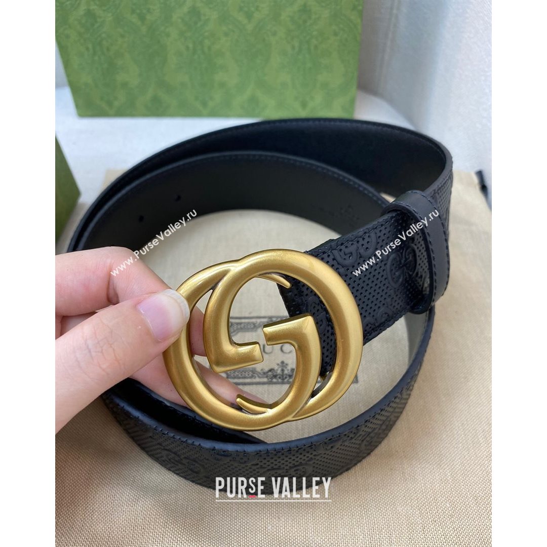 Gucci Mens GG leather Belt 40mm with Interlock G Buckle Black/Aged Gold 2021 (99-21082328)