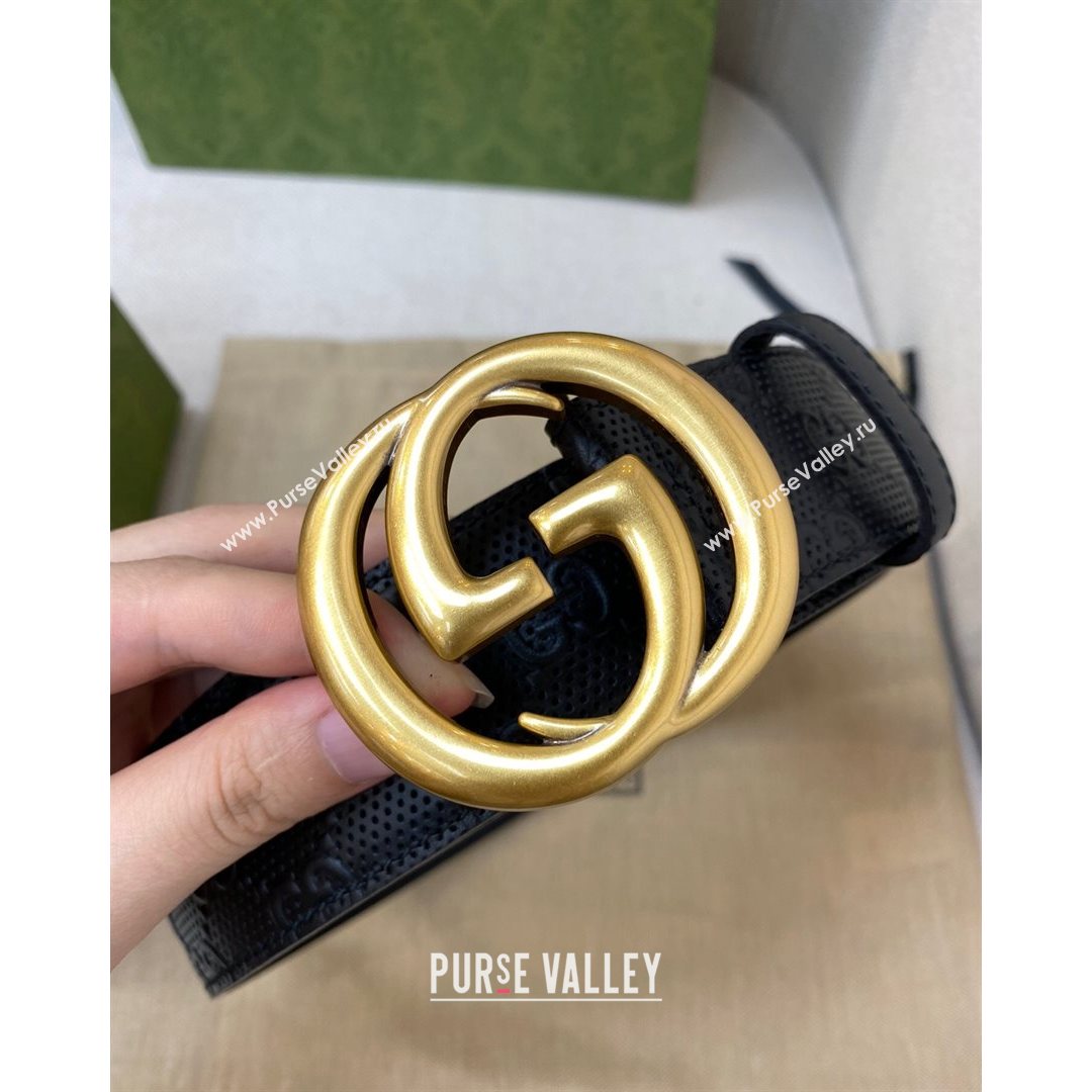 Gucci Mens GG leather Belt 40mm with Interlock G Buckle Black/Aged Gold 2021 (99-21082328)