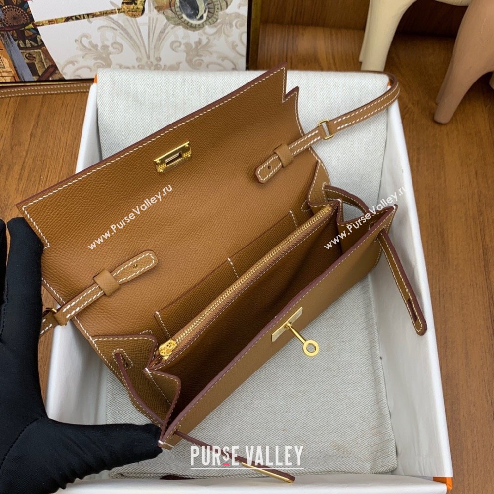 Hermes Kelly To Go Wallet Bag in Original Epsom Leather Brown/Gold 2024(Full Handmade) (XYA-24100808)