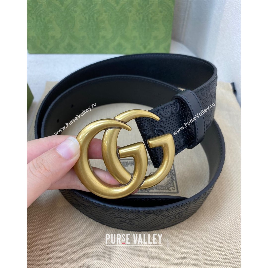 Gucci Mens GG leather Belt 40mm with GG Buckle Black/Gold 2021 (99-21082329)