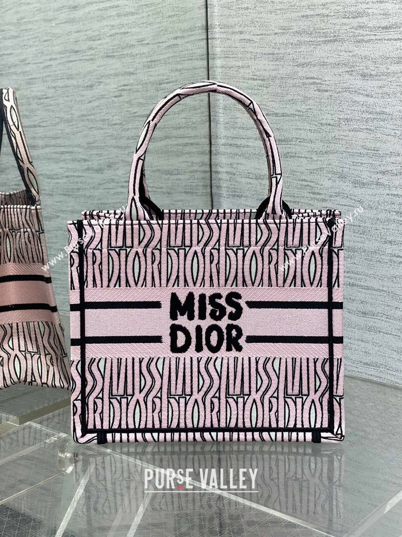 Dior Small Book Tote Bag in Pale Pink and Black Miss Dior Allover Embroidery 2024 (XXG-24081324)