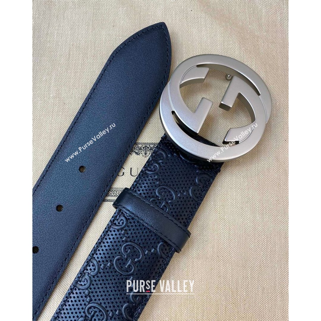 Gucci Mens GG leather Belt 40mm with Interlock G Buckle Black/Aged Silver 2021 (99-21082330)