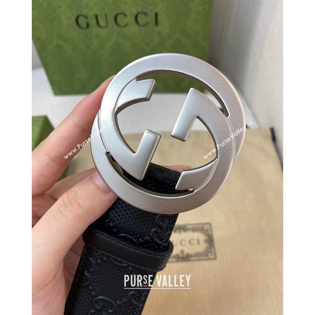 Gucci Mens GG leather Belt 40mm with Interlock G Buckle Black/Aged Silver 2021 (99-21082330)