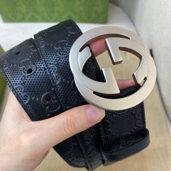 Gucci Mens GG leather Belt 40mm with Interlock G Buckle Black/Aged Silver 2021 (99-21082330)