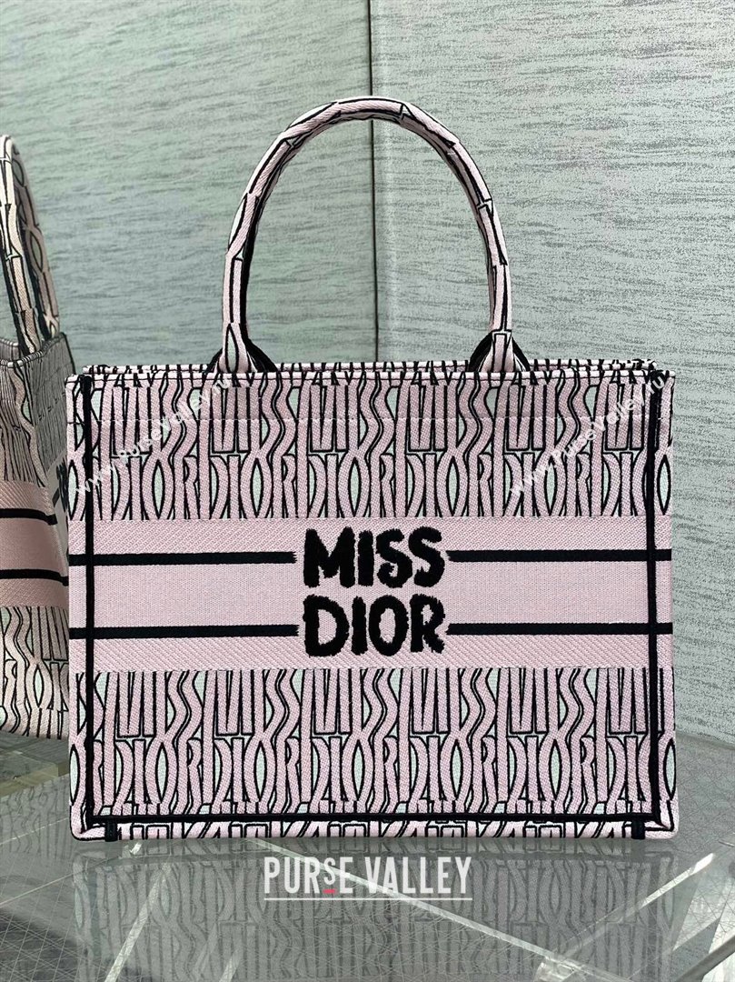 Dior Medium Book Tote Bag in Pale Pink and Black Miss Dior Allover Embroidery 2024 (XXG-24081325)