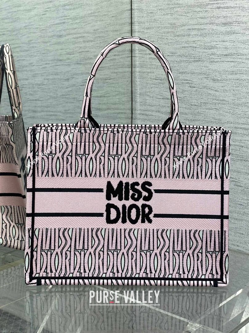 Dior Medium Book Tote Bag in Pale Pink and Black Miss Dior Allover Embroidery 2024 (XXG-24081325)