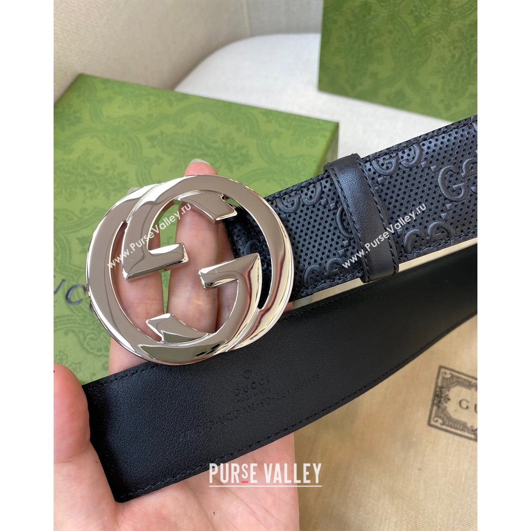 Gucci Mens GG leather Belt 40mm with Interlock G Buckle Black/Shiny Silver 2021 (99-21082331)