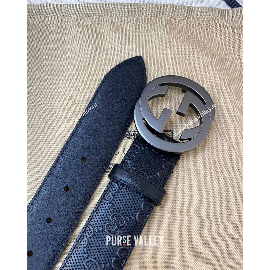 Gucci Mens GG leather Belt 40mm with Interlock G Buckle Black/Grey 2021 (99-21082332)