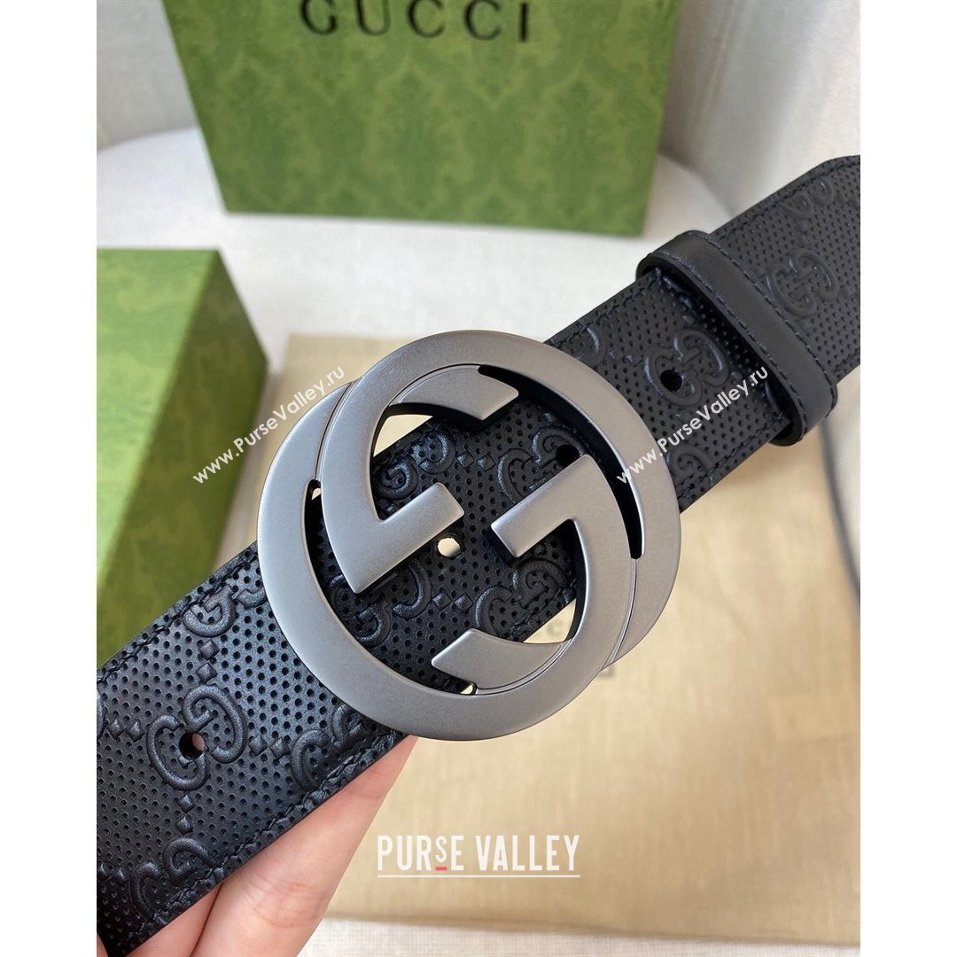 Gucci Mens GG leather Belt 40mm with Interlock G Buckle Black/Grey 2021 (99-21082332)