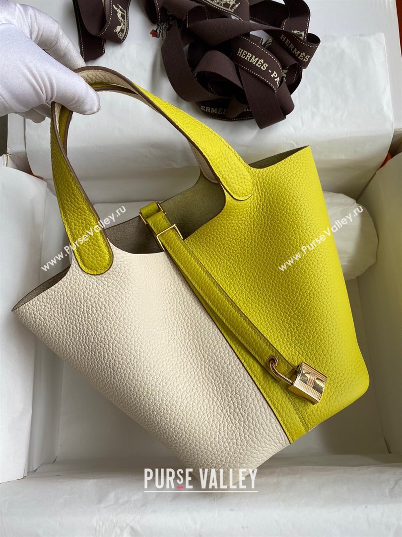 Hermes Picotin Lock Bag 18cm/22cm in Taurillon Clemence Leather Cream White/Lemon/Gold 2024 (Pure Handmade) (XYA-24042909)