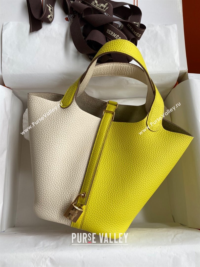 Hermes Picotin Lock Bag 18cm/22cm in Taurillon Clemence Leather Cream White/Lemon/Gold 2024 (Pure Handmade) (XYA-24042909)