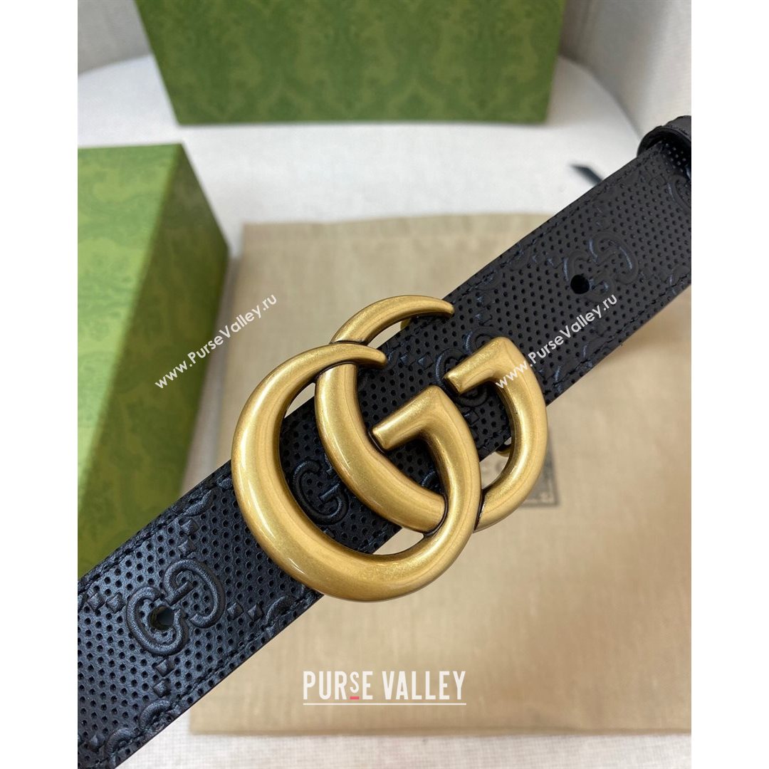 Gucci Mens GG leather Belt 30mm with GG Buckle Black/Aged Gold 2021 (99-21082334)