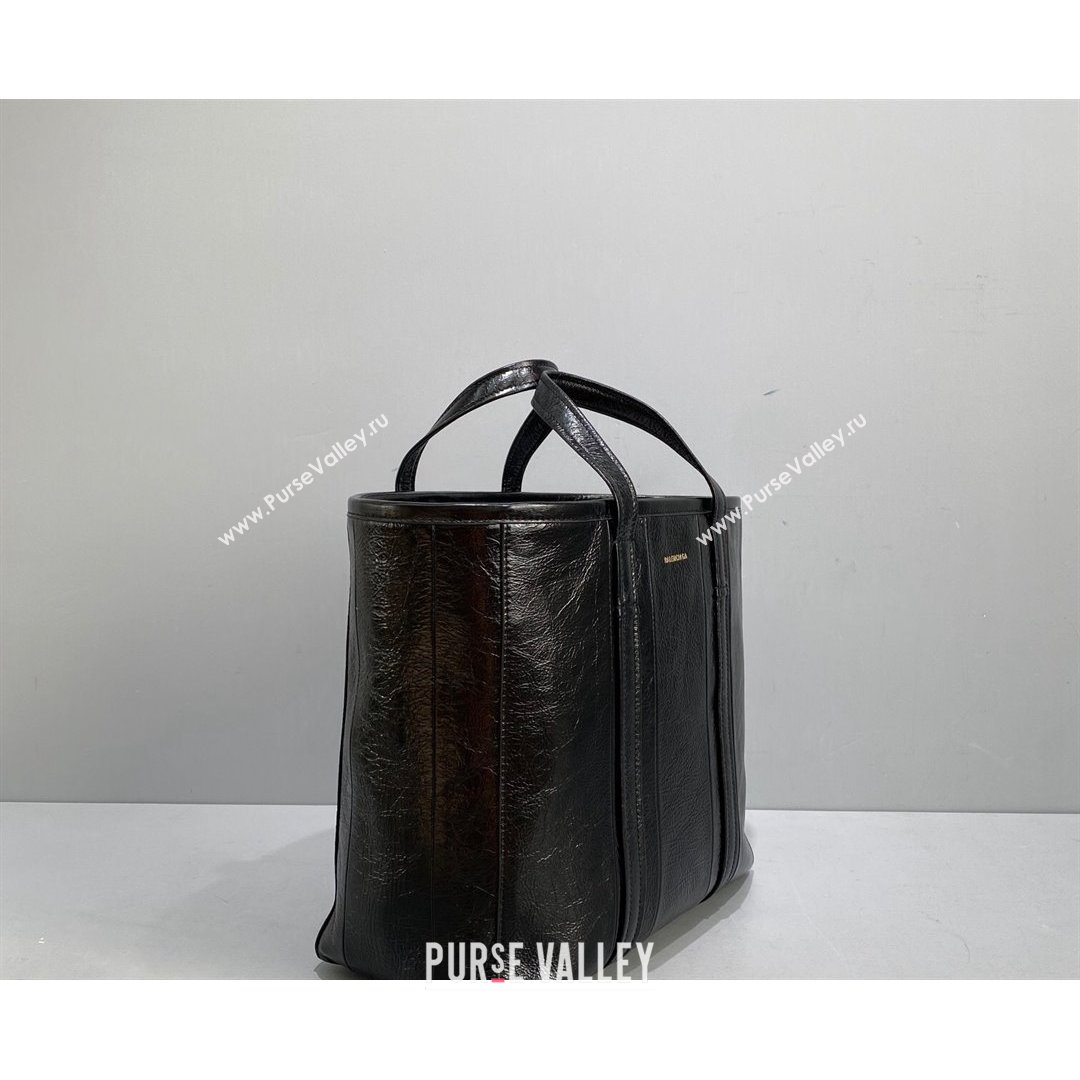 Balenciaga Barbes Medium East-West Shopper Bag in Striped Lambskin Black Leather 2021 (ningm-21091513)