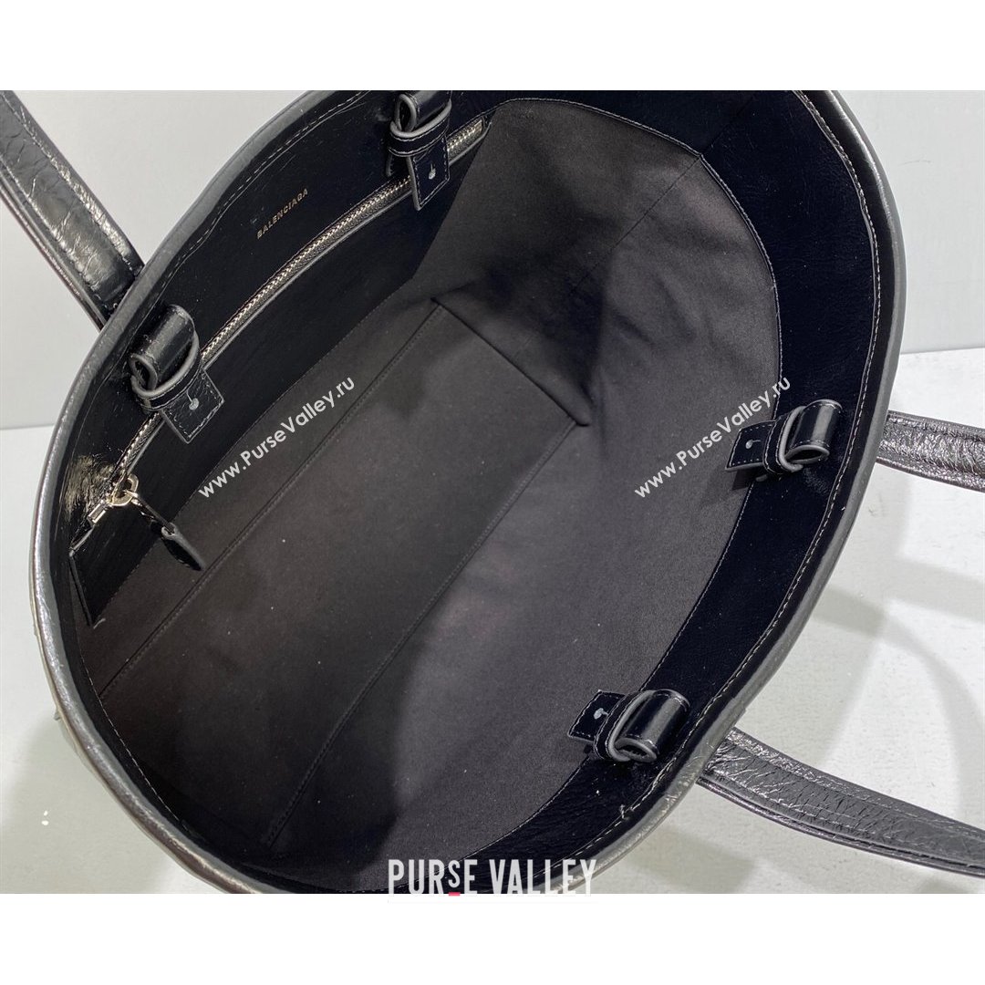 Balenciaga Barbes Medium East-West Shopper Bag in Striped Lambskin Black Leather 2021 (ningm-21091513)