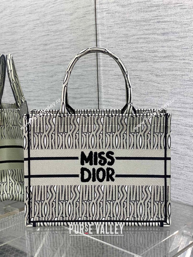 Dior Medium Book Tote Bag in Beige and Black Miss Dior Allover Embroidery 2024 (XXG-24081328)