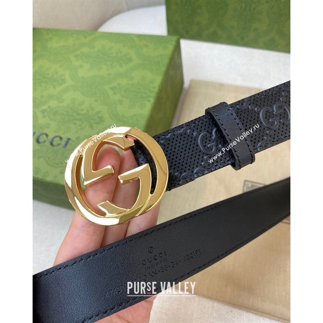 Gucci Mens GG leather Belt 30mm with Interlock G Buckle Black/Shiny Gold 2021 (99-21082336)