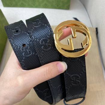 Gucci Mens GG leather Belt 30mm with Interlock G Buckle Black/Shiny Gold 2021 (99-21082336)