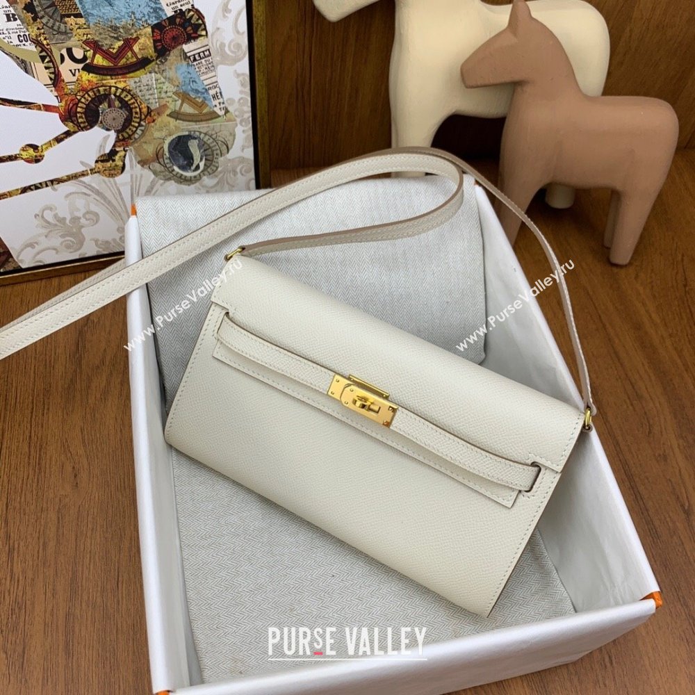 Hermes Kelly To Go Wallet Bag in Original Epsom Leather Milk Shake White/Gold 2024(Full Handmade) (XYA-24100814)