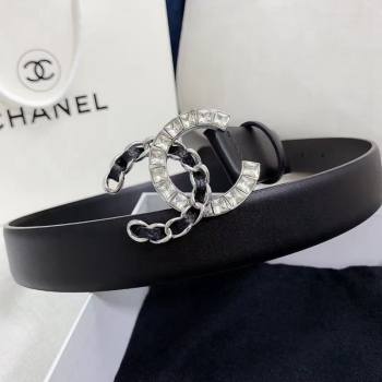 Chanel Calfskin Belt 30mm with Crystal and Leather CC Buckle Black 2021 (99-21082338)