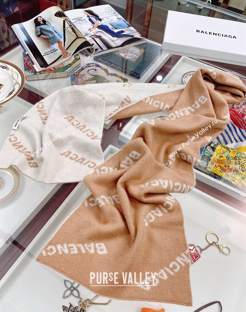 Balenciaga Allover Logo Cashmere Scarf 38x200cm Beige 2021 21100761 (A-21100761)