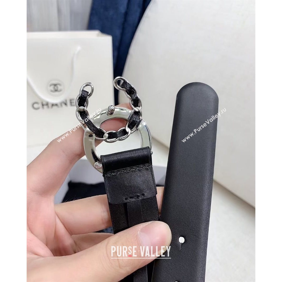 Chanel Calfskin Belt 30mm with Crystal and Leather CC Buckle Black 2021 (99-21082338)