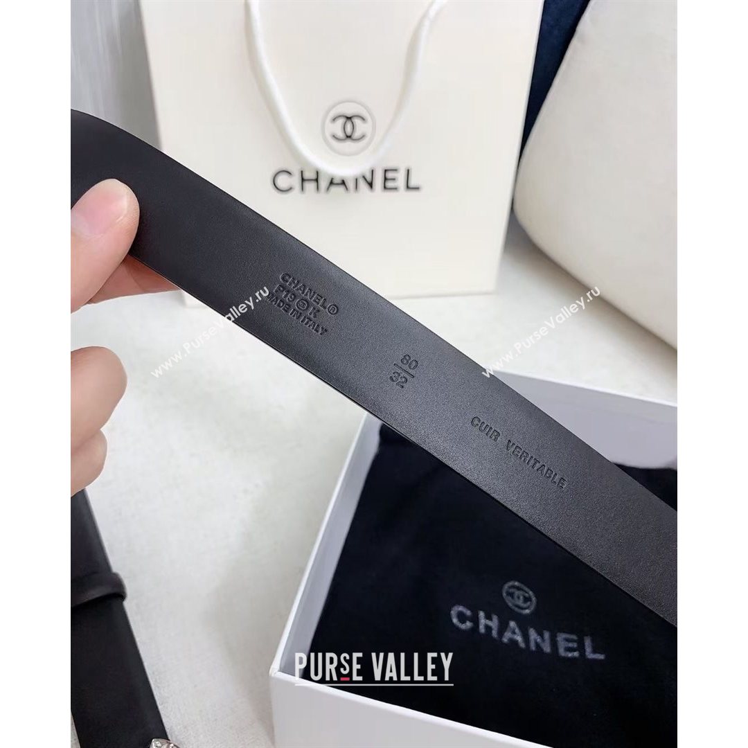 Chanel Calfskin Belt 30mm with Crystal and Leather CC Buckle Black 2021 (99-21082338)