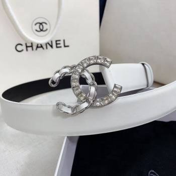 Chanel Calfskin Belt 30mm with Crystal and Leather CC Buckle White 2021 (99-21082337)