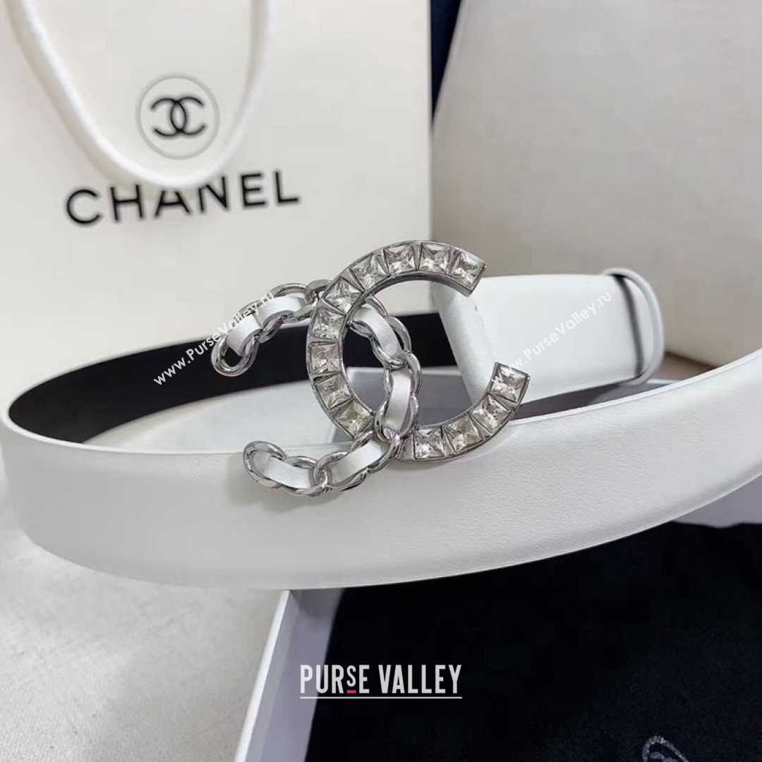 Chanel Calfskin Belt 30mm with Crystal and Leather CC Buckle White 2021 (99-21082337)