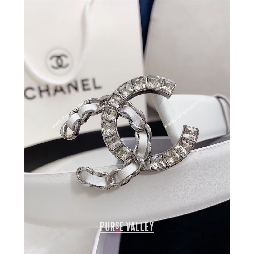 Chanel Calfskin Belt 30mm with Crystal and Leather CC Buckle White 2021 (99-21082337)