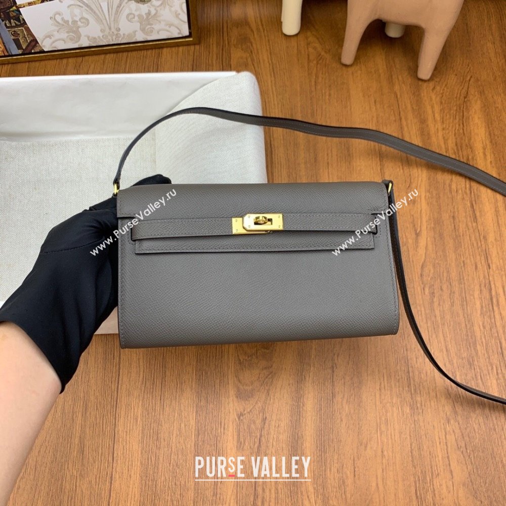 Hermes Kelly To Go Wallet Bag in Original Epsom Leather 8F Tinware Grey/Gold 2024(Full Handmade) (XYA-24100816)