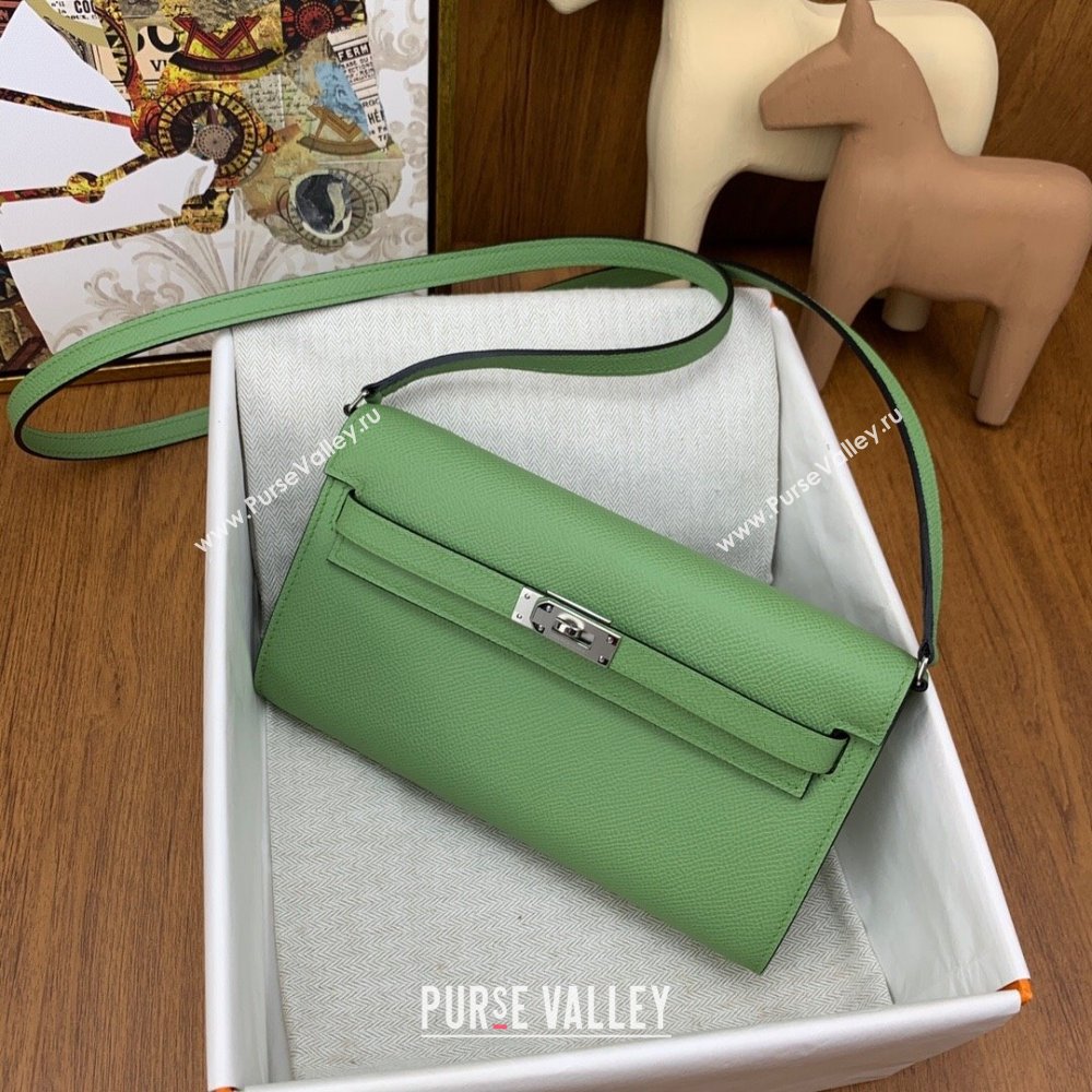 Hermes Kelly To Go Wallet Bag in Original Epsom Leather 3I Avocado Green/Silver 2024(Full Handmade) (XYA-24100817)