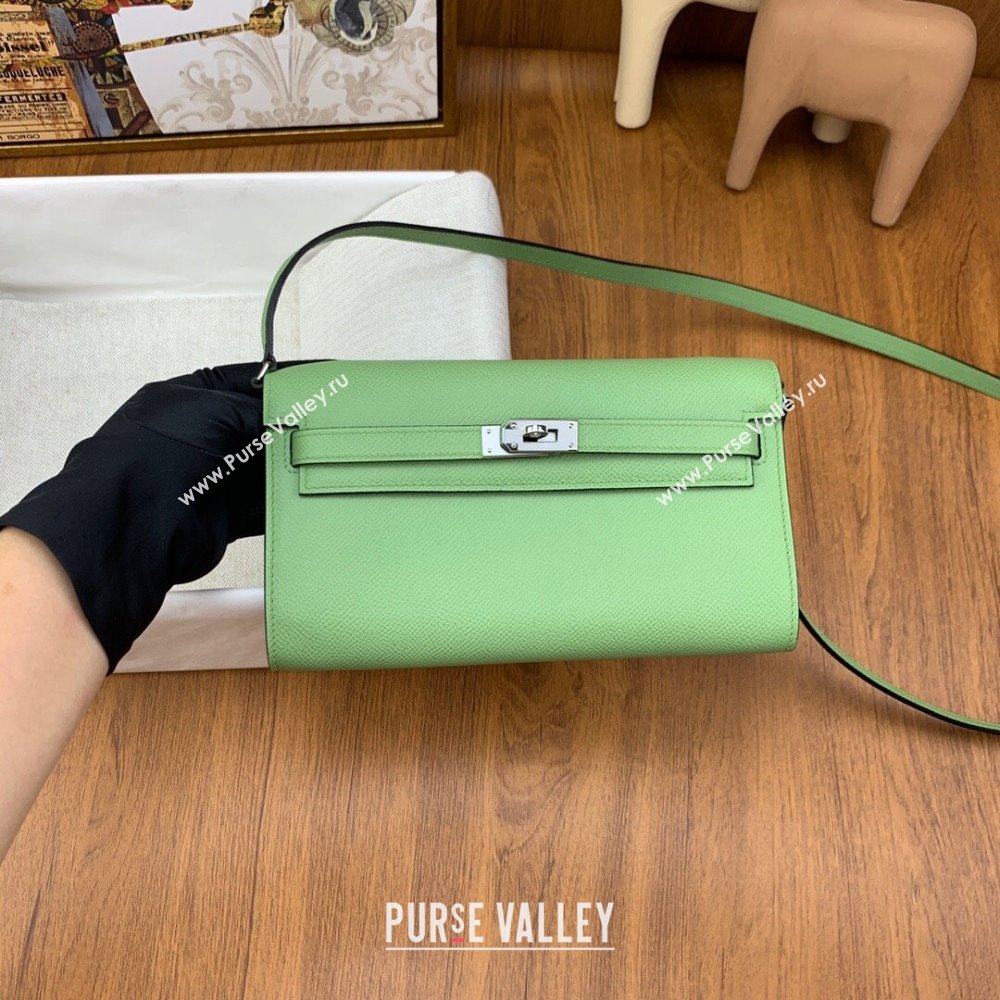 Hermes Kelly To Go Wallet Bag in Original Epsom Leather 3I Avocado Green/Silver 2024(Full Handmade) (XYA-24100817)