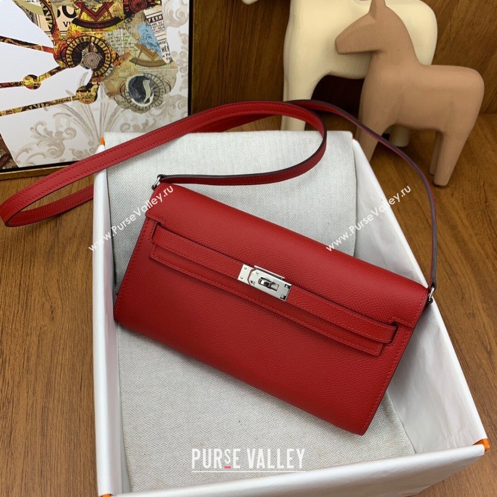 Hermes Kelly To Go Wallet Bag in Original Epsom Leather Q5 National Flag Red/Silver 2024(Full Handmade) (XYA-24100818)