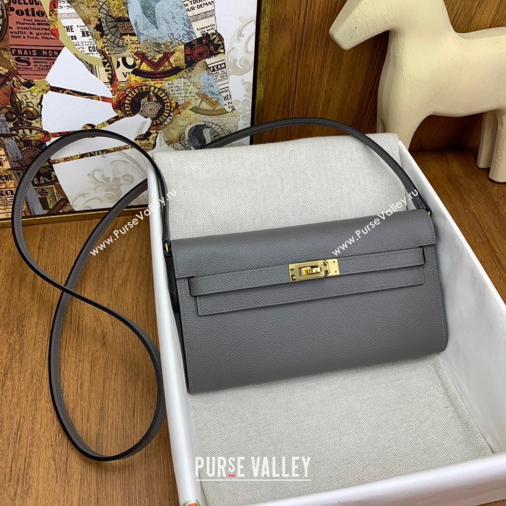 Hermes Kelly To Go Wallet Bag in Original Epsom Leather OL Cumulonimbus Grey/Gold 2024(Full Handmade) (XYA-24100822)