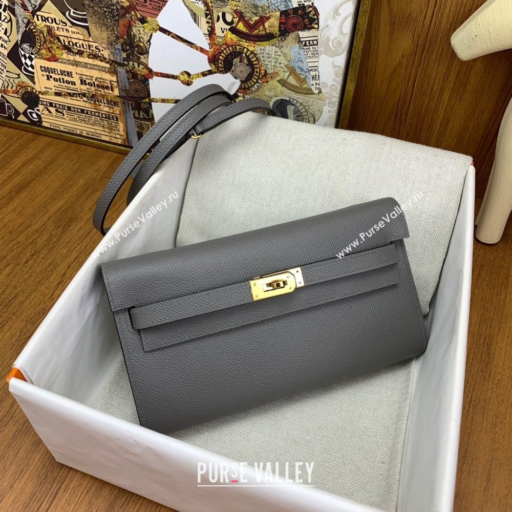 Hermes Kelly To Go Wallet Bag in Original Epsom Leather OL Cumulonimbus Grey/Gold 2024(Full Handmade) (XYA-24100822)