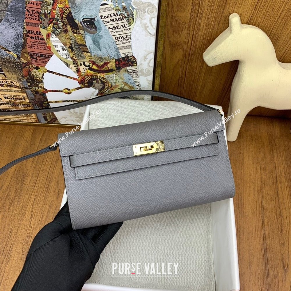 Hermes Kelly To Go Wallet Bag in Original Epsom Leather OL Cumulonimbus Grey/Gold 2024(Full Handmade) (XYA-24100822)