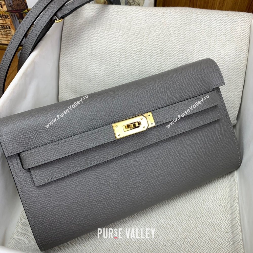 Hermes Kelly To Go Wallet Bag in Original Epsom Leather OL Cumulonimbus Grey/Gold 2024(Full Handmade) (XYA-24100822)