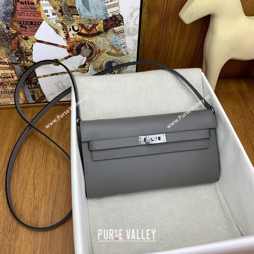 Hermes Kelly To Go Wallet Bag in Original Epsom Leather OL Cumulonimbus Grey/Silver 2024(Full Handmade) (XYA-24100821)